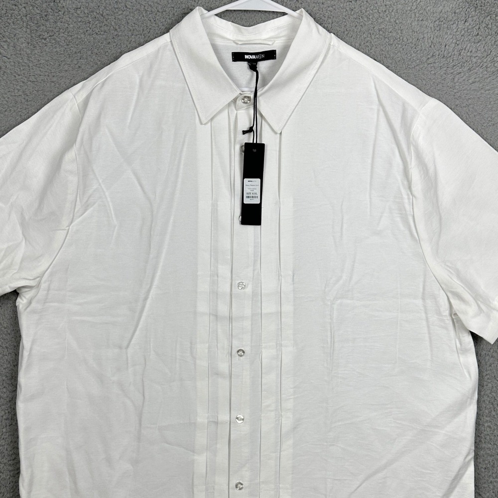 NEW Nova Men Blexy Shirt Mens 3XL White Fashion Pleated Button Up Short Sleeve